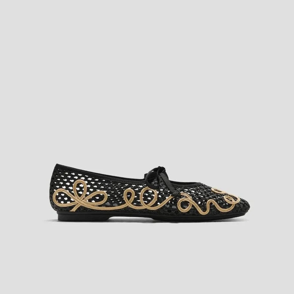VIVAIA Makayla Black Natural Mesh Embroidered Square Toe Flats EU 39.5 US 8.5